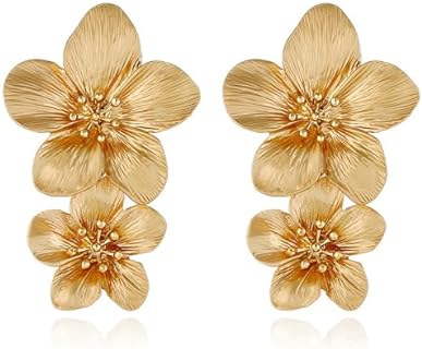 Chic Gold Flower Dangle Earrings with French Wire Back, Zinc Alloy Gems for Women, Double Floral Design