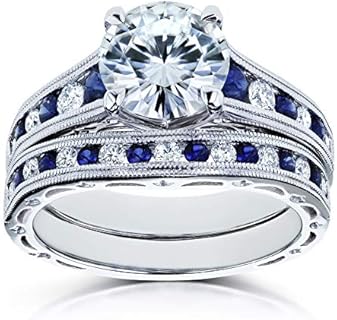 Forever One D-F Moissanite & Sapphire Engagement Ring in 14k White Gold, Diamond Accents - A Kobelli Size 4 Bridal Set Design for Her