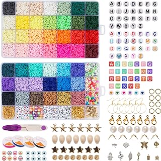 12870 Pcs Clay Beads for Bracelet Necklace Jewelry Making Kit, Polymer Flat Round Beads with Elastic Strings Pendant Charms Set