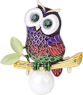 Vintage Pearl Crystal Owl Brooch with Pin Clasp - Gold-plated Enamel Owl on Branch Design for Animal Lovers