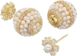 Sterling Silver Double-Sided Crystal Stud Earrings for Women, Classic Push Back Elegant Pearl Design