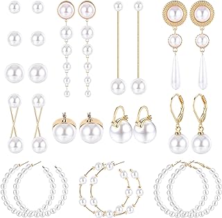 UBGICIG 13 Pairs Pearl Earrings for Women Lightweight Pearl Hoop Earrings Studs Circle Drop Pearl Earrings Dangle Simulated Long Gold Pearl Earring Set