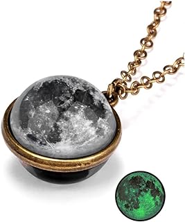 Galaxy Planet Pendant Necklace Glow in Dark Double Side Glass Crystal Ball Moon Earth Astronomy Universe Necklace Luminios Gemstone Necklace for Women Men Friends Gift