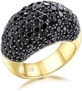 925 Sterling Silver Ring with Black Diamond and Gold Band for Men and Women, Size 7 - Bold Statement Cocktail Ring with Black Spinel Design