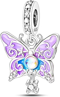 NUJIFFY 925 Sterling Silver Charms Beads for Bracelets & Necklaces, Pinkish Purple Butterfly Charm Birthday Gifts Crystal Pendant Jewelry for Women Men Teens