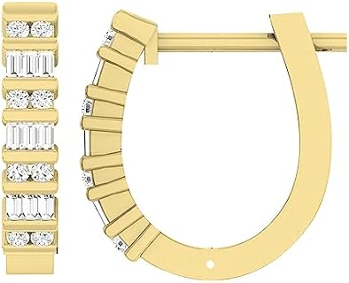 Hinged Post Baguette Diamond Hoop Earrings in 10K Yellow Gold for Women - Elegant, Natural White Diamond Hoop Design