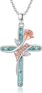 Turquoise Cross Pendant Necklace in Sterling Silver with Crisscross Chain - Handcrafted Jewelry for Women with Unique Floral Design