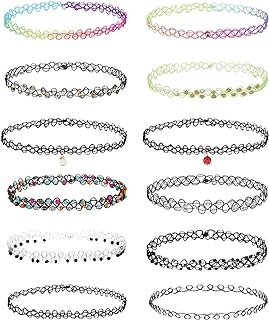90s Inspired BodyJ4You 12PC Tattoo Choker Necklace Set for Women and Girls, Stretchy with Ball Cord Chain and No Clasp, Plastic Multicolored Floral Charm Design