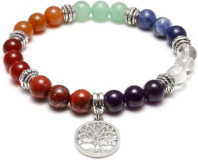 Jovivi 7 Chakra Crystal Tree of Life Yoga Bracelet with Bead Chain - Stretch Bracelets for Energy Balancing & Meditation