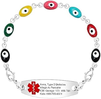 Uloveido Medical Alert ID Bracelet Free Engraving for Women Enamel Evil Eye Stainless Steel Chain Medical First Aid Waterproof Bracelet Y3978