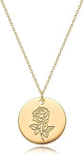 MYEARS Women Birth Flower Necklaces Gold Coin Disc Floral Pendant 14K Gold Filled Simple Dainty Chain Everyday Jewelry Birthday Gift -12 Months