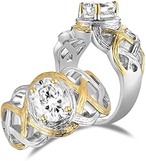 DovEggs Two-Tone Moissanite Oval Engagement Ring for Women and Men, Gold-Plated Silver Antique Vintage Design