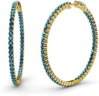 3.00 ctw Blue Diamond Inside-Out Hoop Earrings with Hidden-Snap-Posts in 14K Yellow Gold for Women, Hoop Design