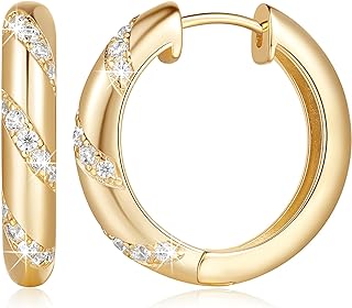 Lever Back Gold Hoop Earrings with Stunning Cubic Zirconia Details for Women - 14K Gold - 25mm Diameter