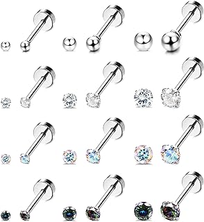 JOERICA 20g Stainless Steel Stud Earrings Set with Cubic Zirconia - 12Pairs Round Design Screw Flat Back Push Back for Men and Women, Cartilage Helix Ear Piercing Jewellery