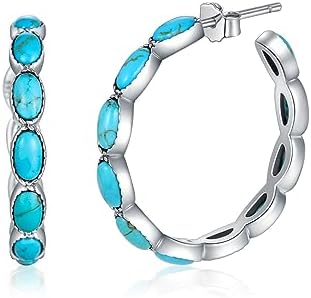 Turquoise Hoop Earrings 925 Sterling Silver Western Vintage Genuine Blue Turquoise Boho Ethnic Jewelry Gift for Women Girls