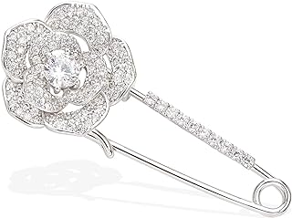 YYBONNIE Silver Tone Sparking Micro Pave Layered Petal CZ Rose Flower Cardigan Sweater Safety Pin Brooch