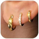 14K Yellow Gold Plated Small Huggie Hoop Earrings Set of 3 with Cubic Zirconia Gems and Push-Back Secure Mechanism for Women and Girls