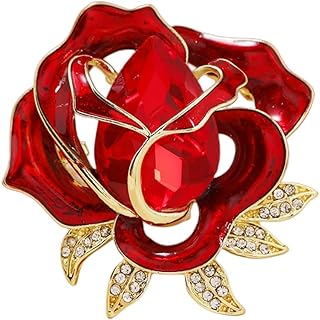 Rhinestone Red Flower Brooch Pin for Women Girls Gold Plated Fashion Crystal Enamel Rose Brooches Lapel Pins Elegant Dress Accessories Jewelry Boutonniere Corsage for Hat Bag Gift Wedding Father's Day