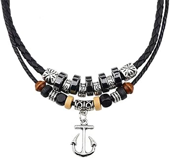 Boho-Chic Black Leather Necklace with Anchor Pendant for Men - Box Chain, Adjustable Length, Wood Bead Clasp - Tribal & Pirate Vintage Style