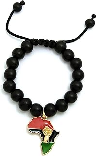Pan Colored Fist Power in Africa Map Charm Adjustable Wooden Bead Bracelet in Black, Brown