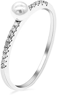 Cubic Zirconia & Simulated Pearl Stackable Ring with 925 Sterling Silver Band for Women - Size 5, Classic Eternity Design