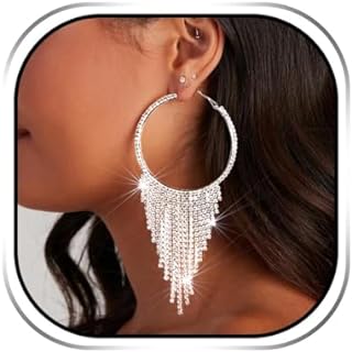Earent Tassel Rhinestone Earrings Silver Dangling Long Chandelier Fringe Earring Sparkly Dangle Drop Earrings Vintage Wedding Prom Party Jewelry for Women