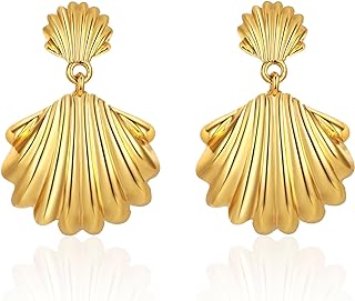 Push-Back Gold Seashell Flower Stud Earrings for Women with Intricate Geometric Swirl Design, Dangling, No Gemstone, Boho Style, Luxurious 18K Gold over Copper Material