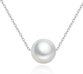 925 Sterling Silver Pearl Necklace for Women Single Floating 8mm Shell Pearl/Baroque Cultured Pearl Charm/Mini 3 Freshwater Pearls Bar Pendant Wedding Bridesmaids Necklace