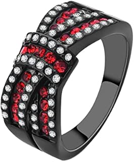 Black Gold-Plated Princess Cut Red CZ Rhinestone Engagement Ring for Women, Belt Design, Cubic Zirconia Gem