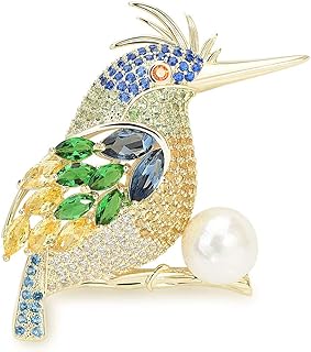 Charming Family Tree Bird Brooch Pin with Gold-Plated-Brass Contoured with Cubic-Zirconia Plus Pin Clasp Design & Vibrant Colored Crystals - Ideal for Women