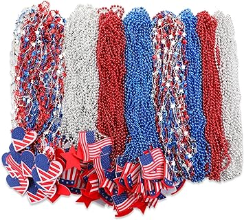 Bucherry 4th of July Beads Necklaces Bulk Red White Blue Patriotic Beads Necklaces with Star American Flag Independence Day Accessories for 4th of July Party Favor Patriotic Parade, 6 Styles