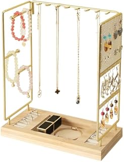 Julysky Jewelry Holder, Jewelry Display Stand,Jewelry Organizer, Metal Earring Organizer Display, with Necklace Earring Ring Holder, Gift Idea, Bamboo and Gold