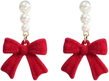 Bow Earrings for Women Red Ball Bow Earrings Pearl Bow Drop Earrings Anniversary Chrsitmas Valentine's Jewelry Holiday Gift for Women Girls