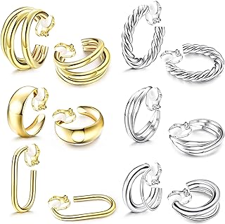 ORAZIO Clip On Earrings for Women 6Pairs Gold Clip On Hoop Earrings For Egirls Chunky Hoops Twist Triple Square Hoop Earrings No Piercing Fake Earrings Set