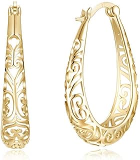 925 Sterling Silver Filigree Hoop Earrings, 18 K Gold Plated Small Oval Hoop Earrings for Women, Hollow-Out Textured Flower Teardrop Earrings, Hypoallergenic U Shape Earrings