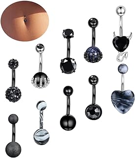 ZZHDCC 14G Belly Button Rings 10PCS Surgical Steel Black Belly Rings for Women Round CZ Belly Button Ring Curved Barbell Skull Hand with Opal Devil Heart Navel Rings Belly Piercing Jewelry Halloween