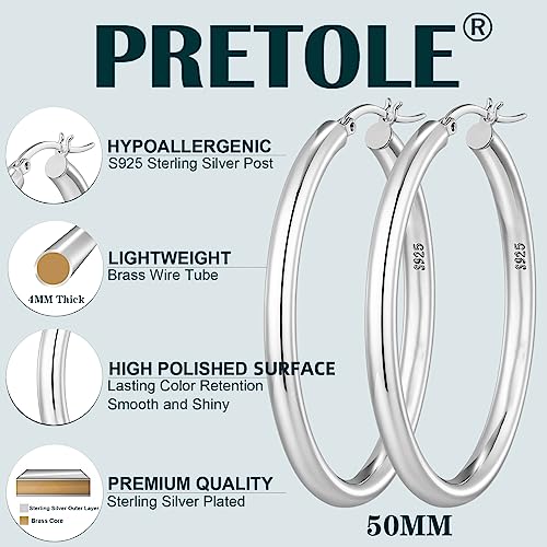 PRETOLE 925 Sterling Silver Hoop Earrings, Thick Oval Chunky Silver Hoop Earrings Hollow Tube Thick Silver Hoop Earrings Hypoallergenic Lightweight Large Silver Chunky Hoop Earrings for Women 30-50MM