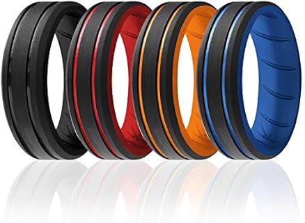 ROQ Silicone Rubber Wedding Ring for Men, Comfort Fit, Men's Wedding & Engagement Band, 8mm Wide 2mm Thick, 2 Thin Lines Beveled Edge Duo, 4 Pack, Black, Red, Orange, Light Blue, Size 15