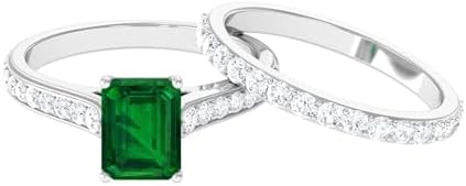 Lab Created Emerald Solitaire Ring Set of 2 (6X8 MM Emerald Cut) - Wedding Engagement Ring Set for Women | AAAA Quality