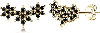 Push Back Sterling Silver Black Flower Earrings with Cubic Zirconia for Women and Girls, Flower Stud Design