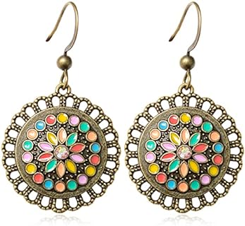 French Wire Clasp Vintage Drop Earrings - Bohemian Bronze Tribal Hoop Spiral Design in Alloy Metal for Women and Girls - Circular Geometric Dangle Style