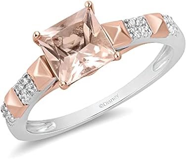 Jewelili Enchanted Disney Fine Jewelry Sterling Silver and 10K Rose Gold 6 MM Cushion Center Morganite and 1/20 Cttw Natural White Round Diamonds Aurora Engagement Ring