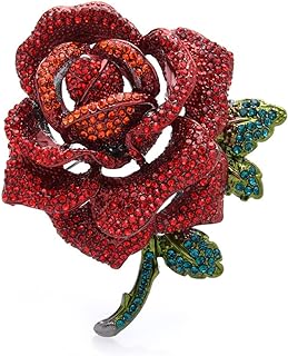 Rhinestone Rose Flower Brooch Pin for Women Men Fashion Red Green Crystal Big Leaf Brooch Lapel Pins Elegant Dress Accessories Jewelry Boutonniere Corsage for Hat Bag Suit Tie Gift Wedding Birthday