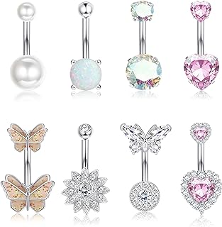 Dochais Stainless Steel 8-Piece Belly Button Ring Set for Women - Hypoallergenic Pink Butterfly, Heart, and Pearl Designs - Versatile Body Piercing Jewelry Gift