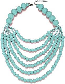 COLORFUL BLING Boho African Wooden Beaded Bib Statement Choker Necklace Long Multi Strand Chunky Layered Collar Tassel Necklace for Women Handmade Jewelry