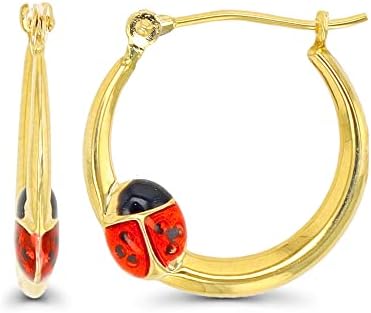 14K Solid Yellow Gold Enamel Ladybug Hoop Earrings with Cubic Zirconia for Women, Delightful & Versatile Design, Click-Top Back Finding, Ideal for All Occasions