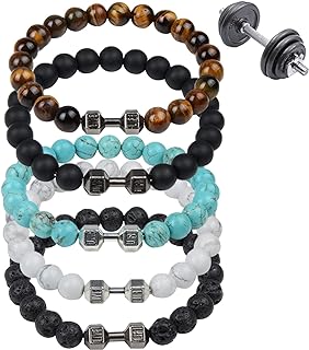Dumbbell Bracelet for Men Gym Bracelet,5pcs Volcanic Lava Stone Adjustable Natural Stone Beads Bracelet Fitness Barbell Jewelry for Men