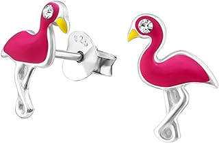 KIWI DAISY Pink Flamingo .925 Sterling Silver/w Crystal Tiny Stud Earrings (Hypoallergenic)