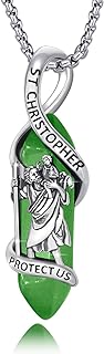 Crystal Point St Christopher Necklace 925 Sterling Silver Saint Christopher Pendant Green Healing Crystal St.Christopher Necklace Religious Jewelry for Men Women